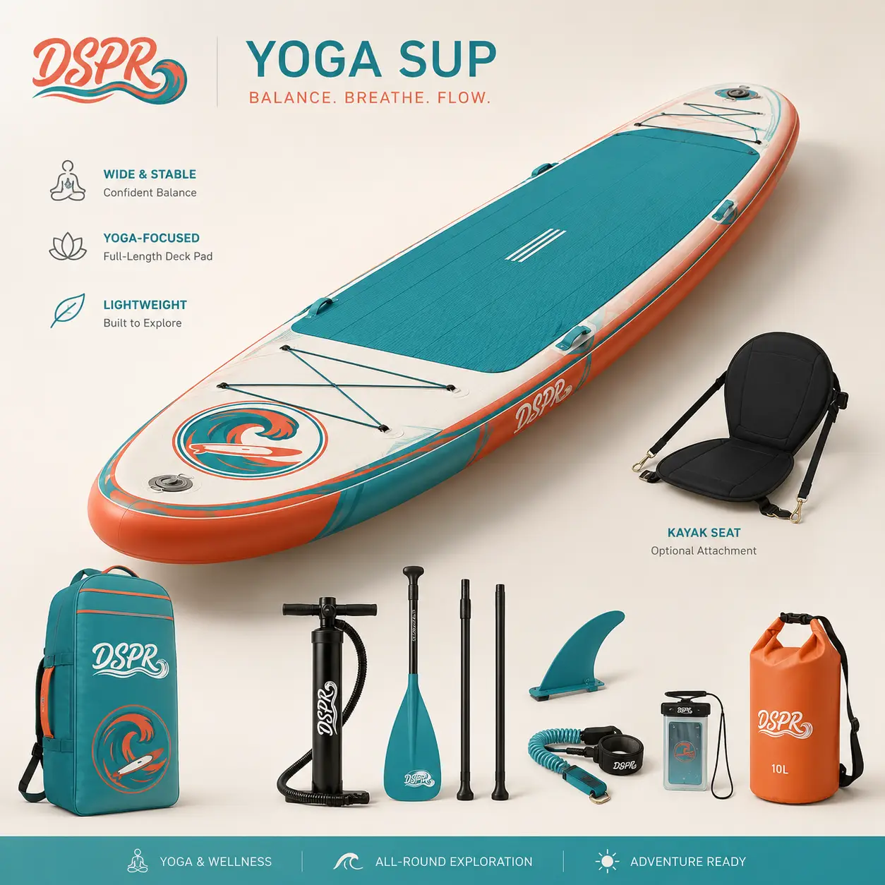 Stable inflatable yoga SUP board for resort wellness programs