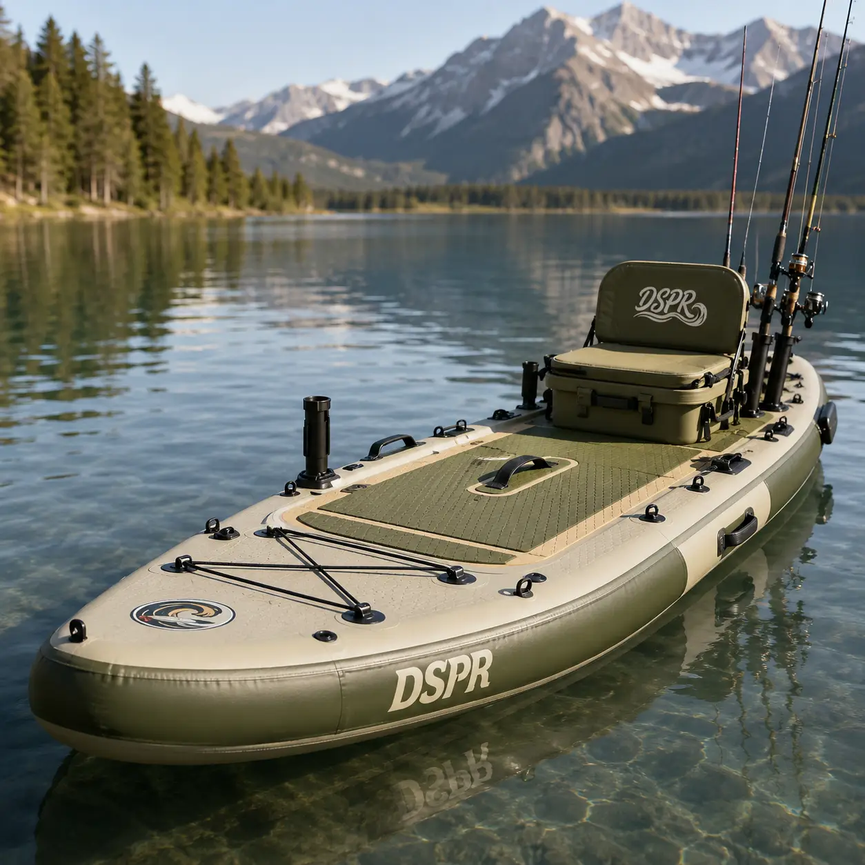 Inflatable fishing SUP board with rod holders and DSPR custom logo