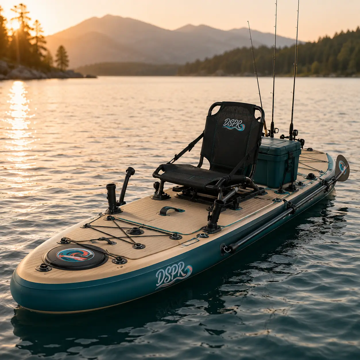 Wide angler inflatable paddle board with custom logo and cooler mount
