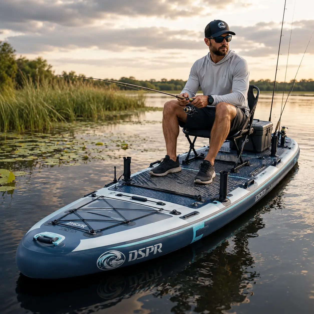 Fishing paddle board with EVA deck pad bungee storage and DSPR logo