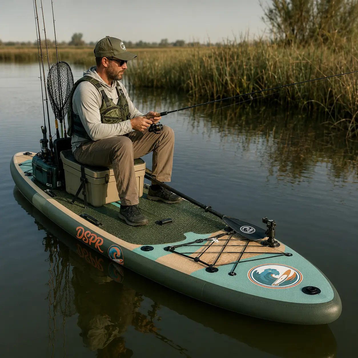 Lightweight fishing SUP with backpack and custom brand logo