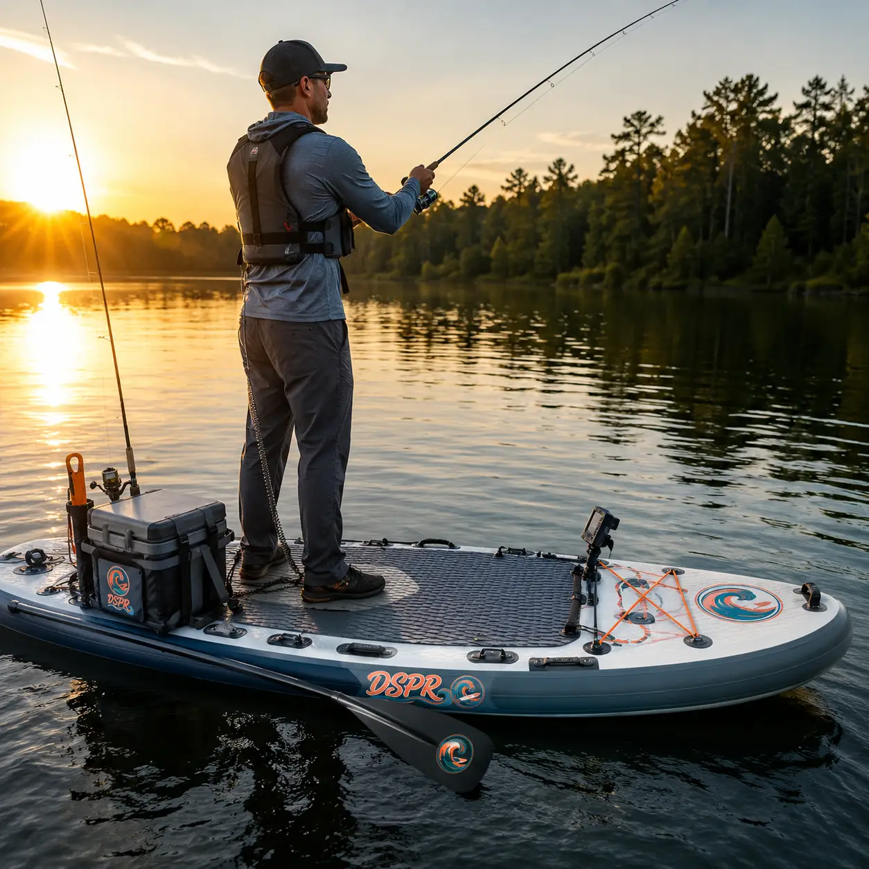 Lightweight fishing SUP with backpack and custom brand logo