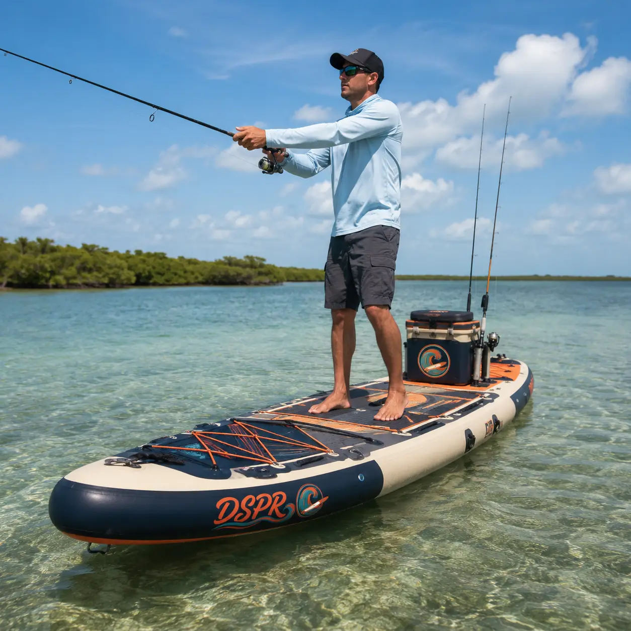 OEM fishing SUP board with resort logo and water sports accessories