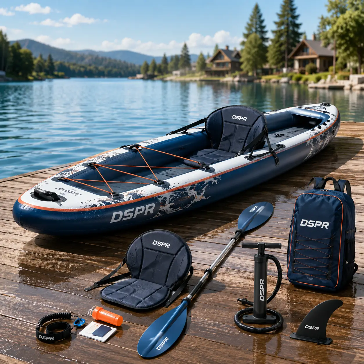DSPR all-around inflatable kayak with custom logo and paddle accessories
