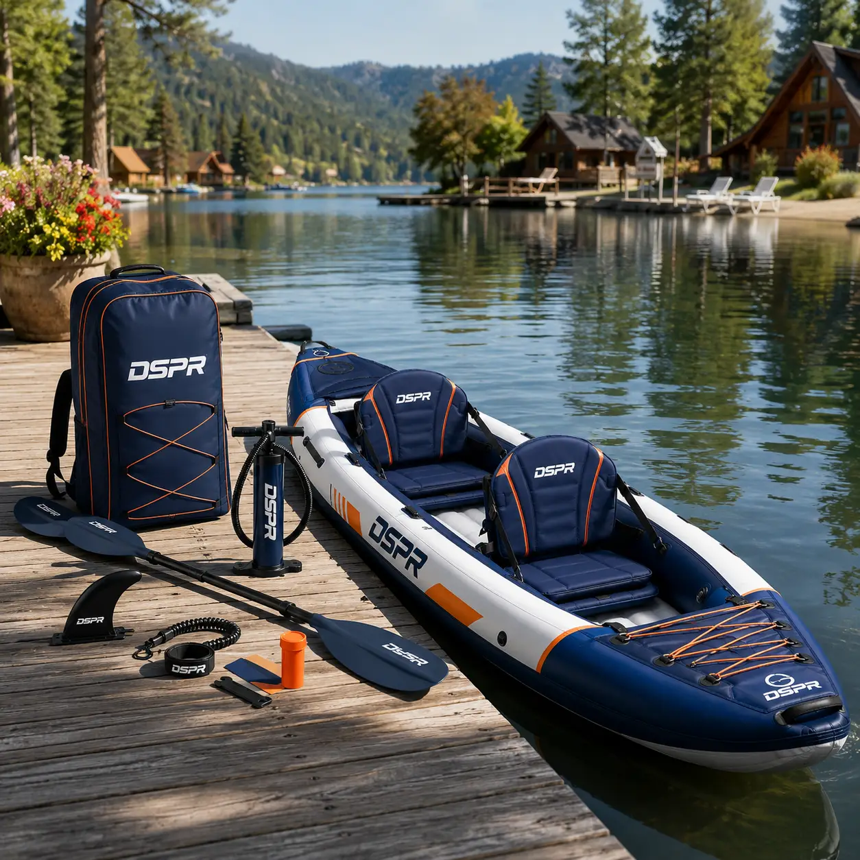 Tandem inflatable kayak with drop stitch floor and travel bag