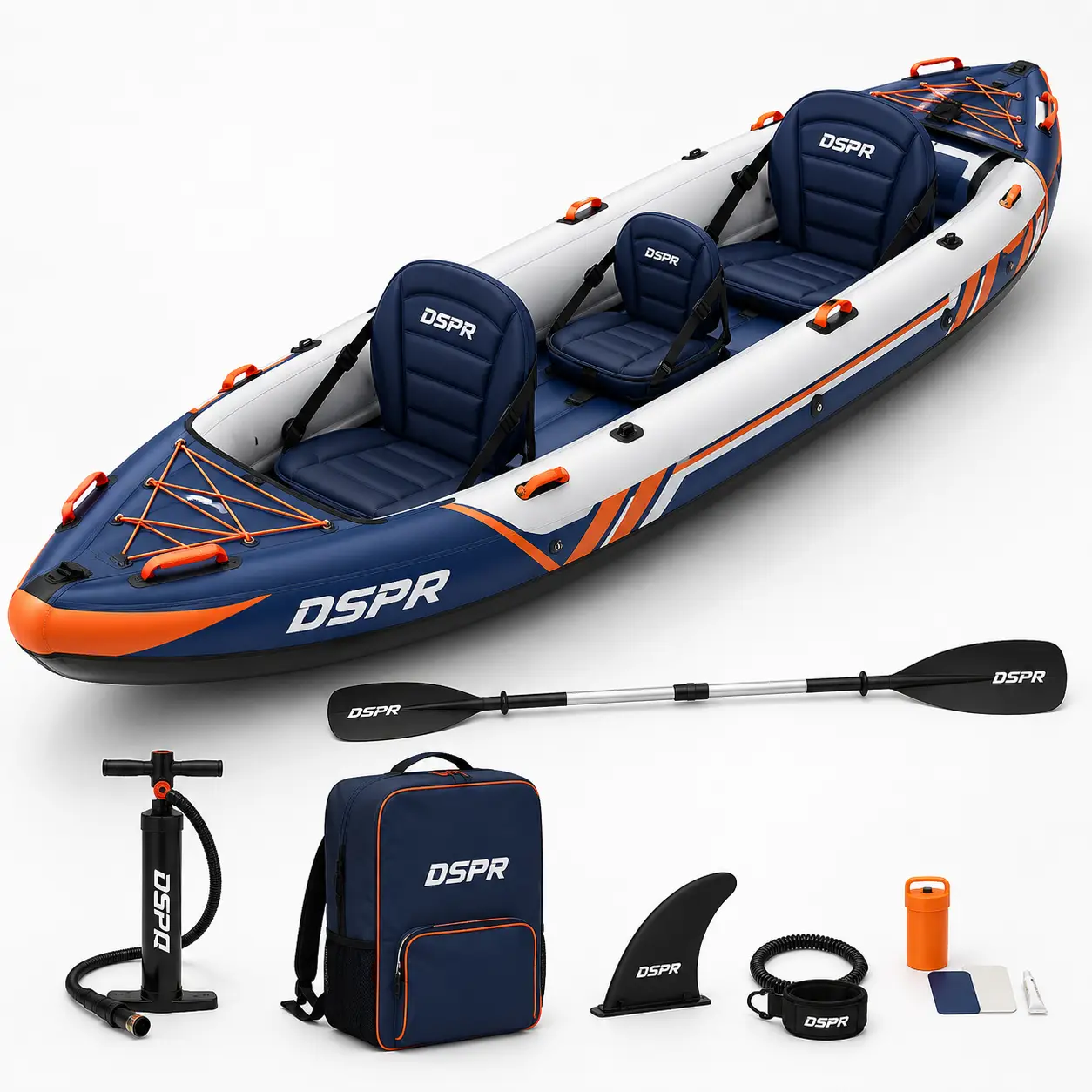 Family inflatable kayak with stable PVC hull and DSPR custom logo