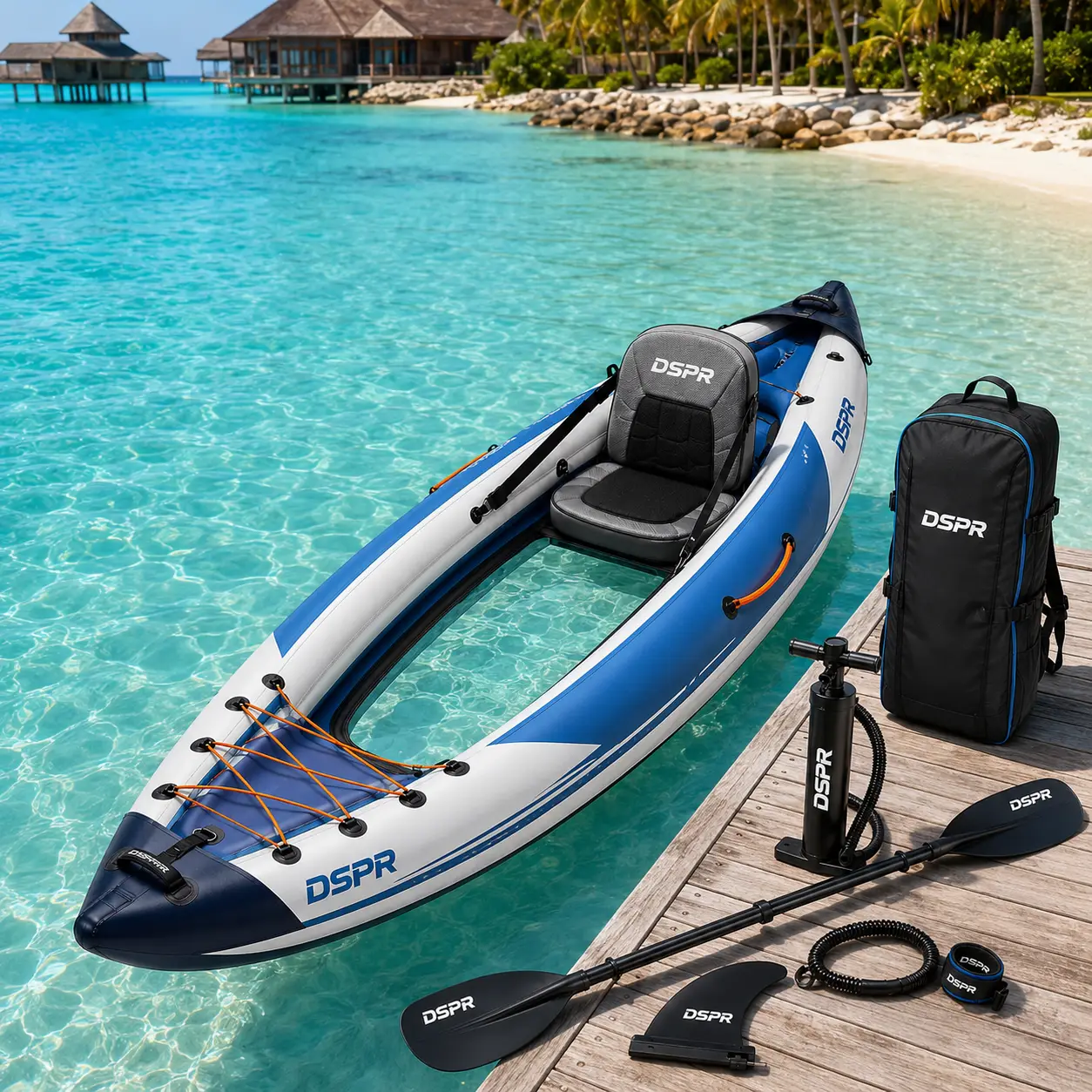 Portable transparent inflatable kayak for tropical resort paddling