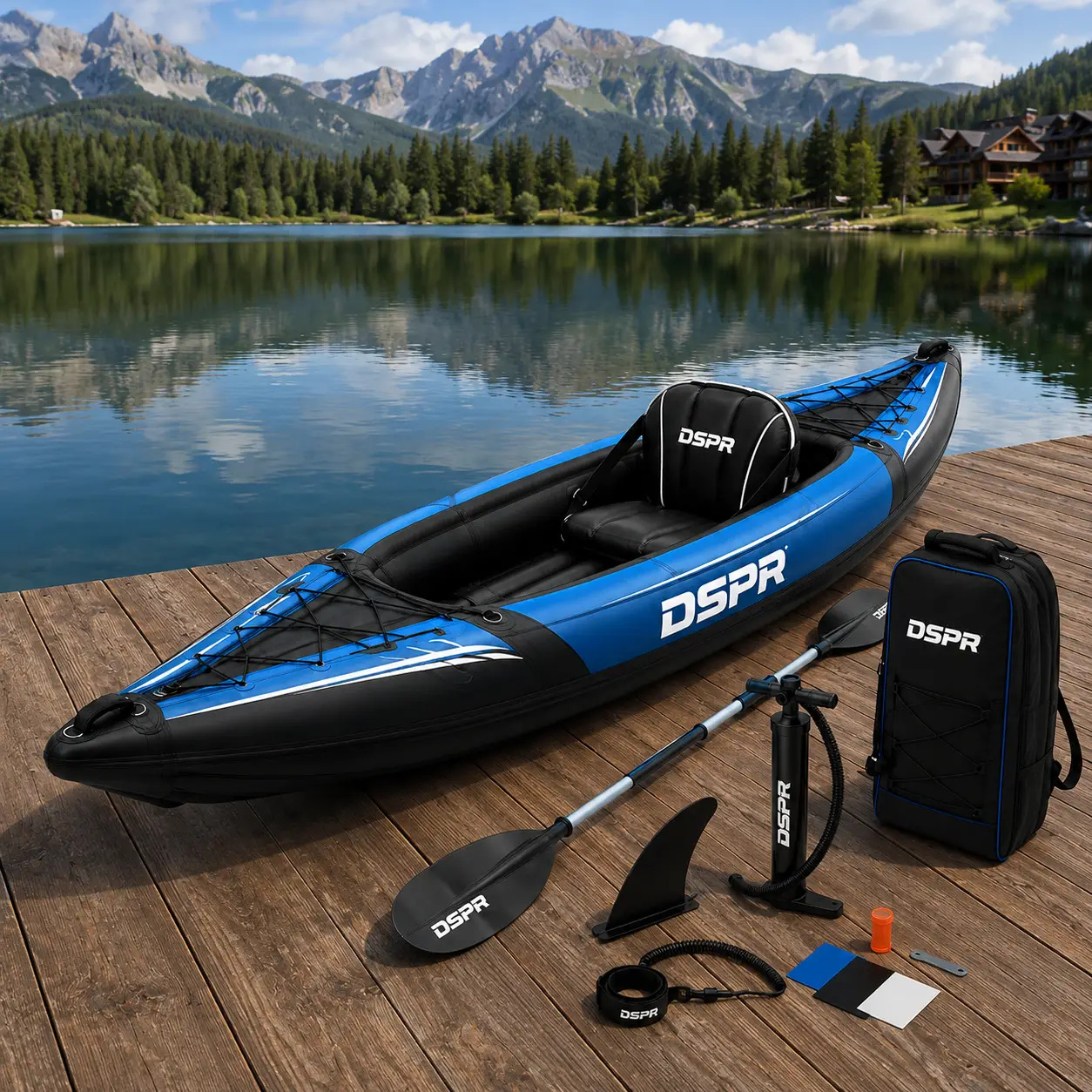 all-around inflatable kayak with DSPR logo, complete paddle accessories and custom OEM color design
