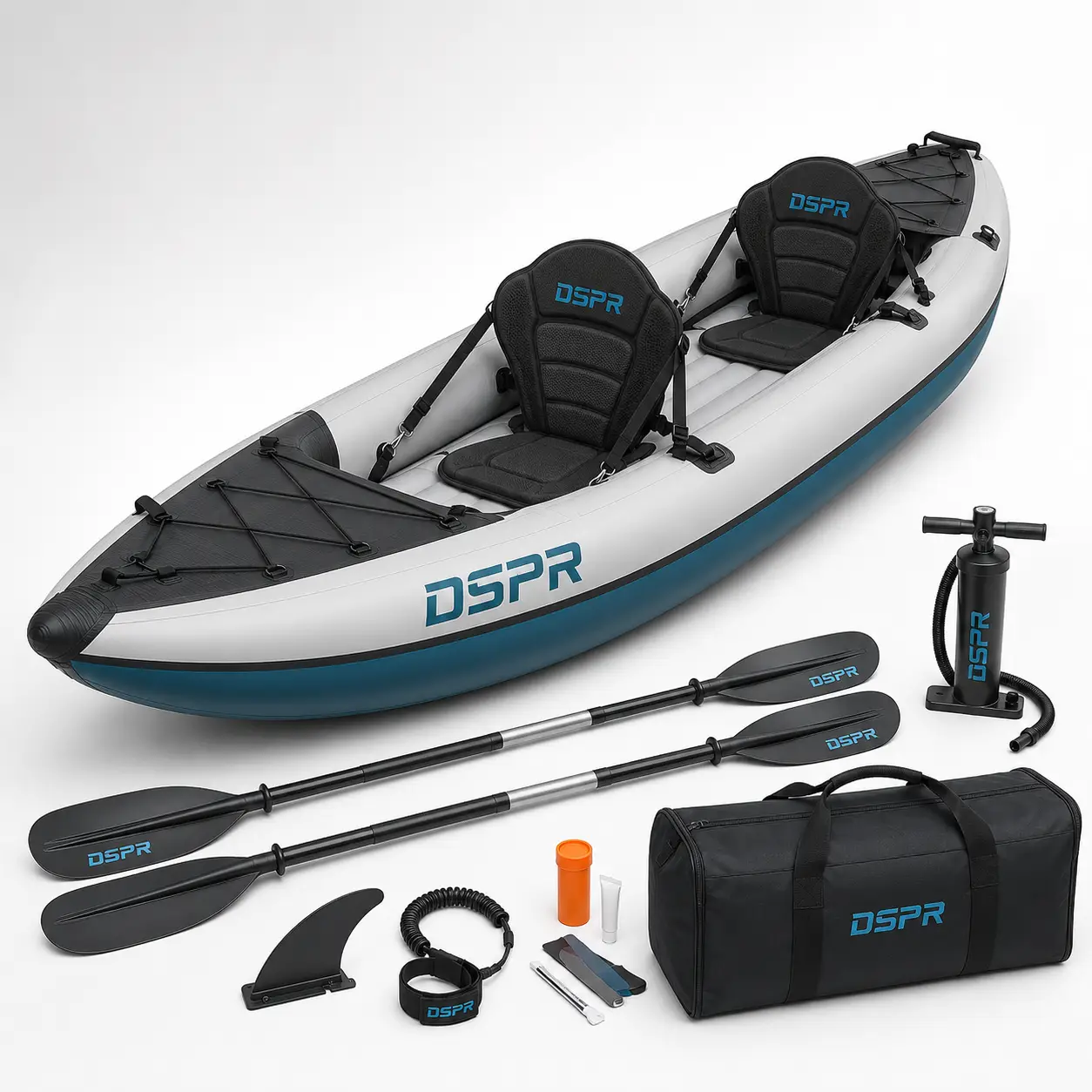 tandem inflatable kayak with DSPR logo, complete paddle accessories and custom OEM color design