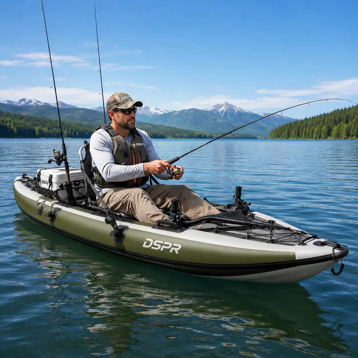 inflatable fishing kayak with DSPR logo, complete paddle accessories and custom OEM color design