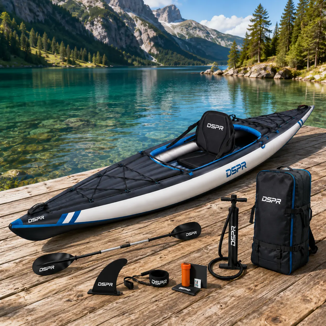 touring inflatable kayak with DSPR logo, complete paddle accessories and custom OEM color design