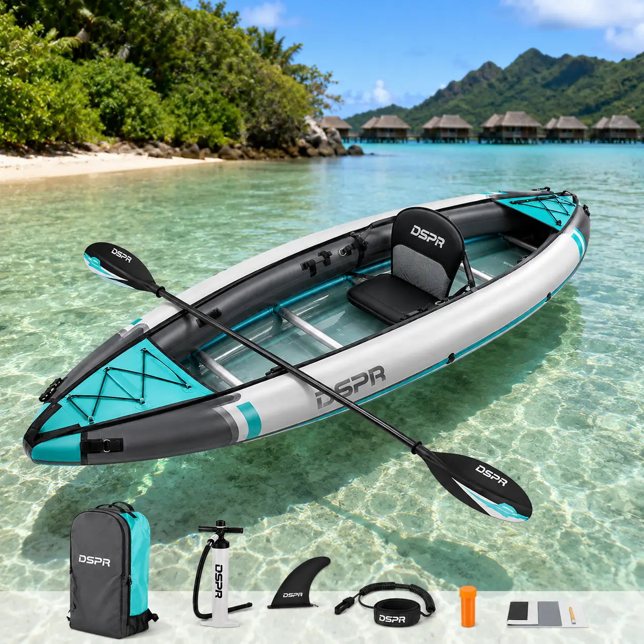 clear window inflatable kayak with DSPR logo, complete paddle accessories and custom OEM color design