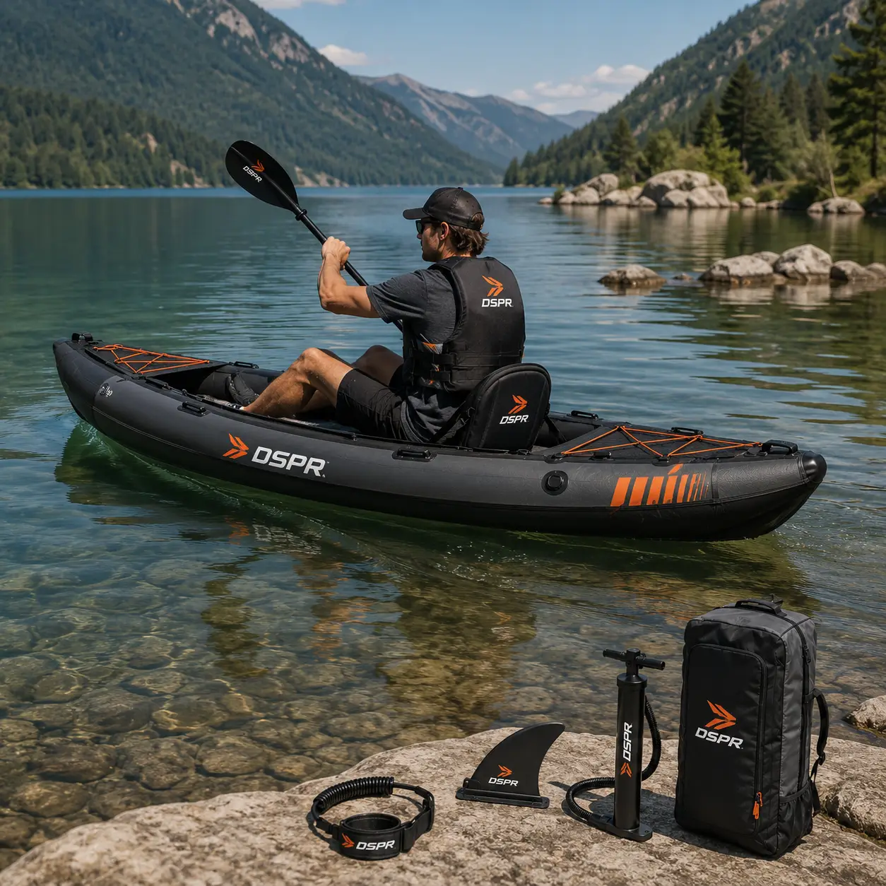 drop stitch inflatable kayak with DSPR logo, complete paddle accessories and custom OEM color design