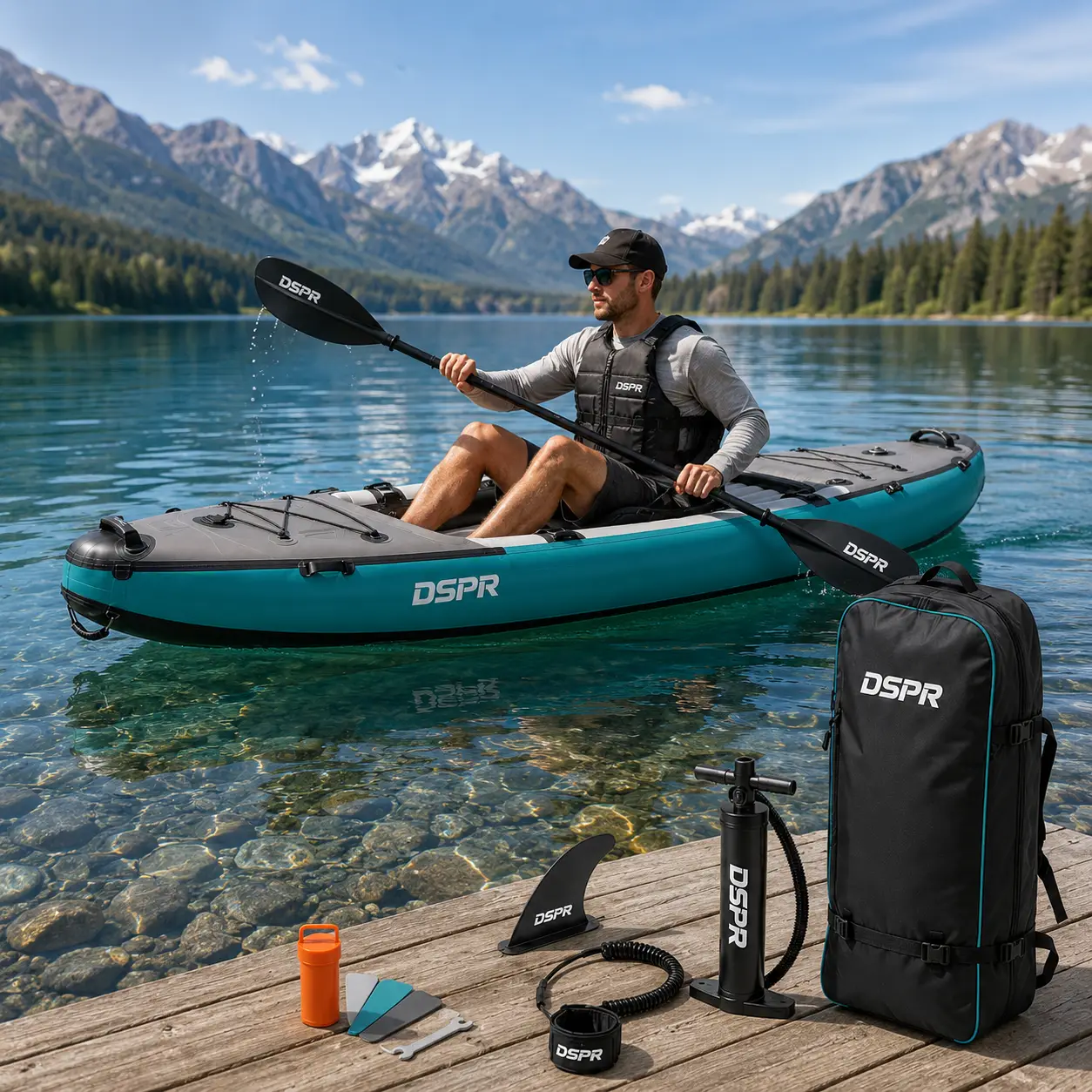 sit on top inflatable kayak with DSPR logo, complete paddle accessories and custom OEM color design