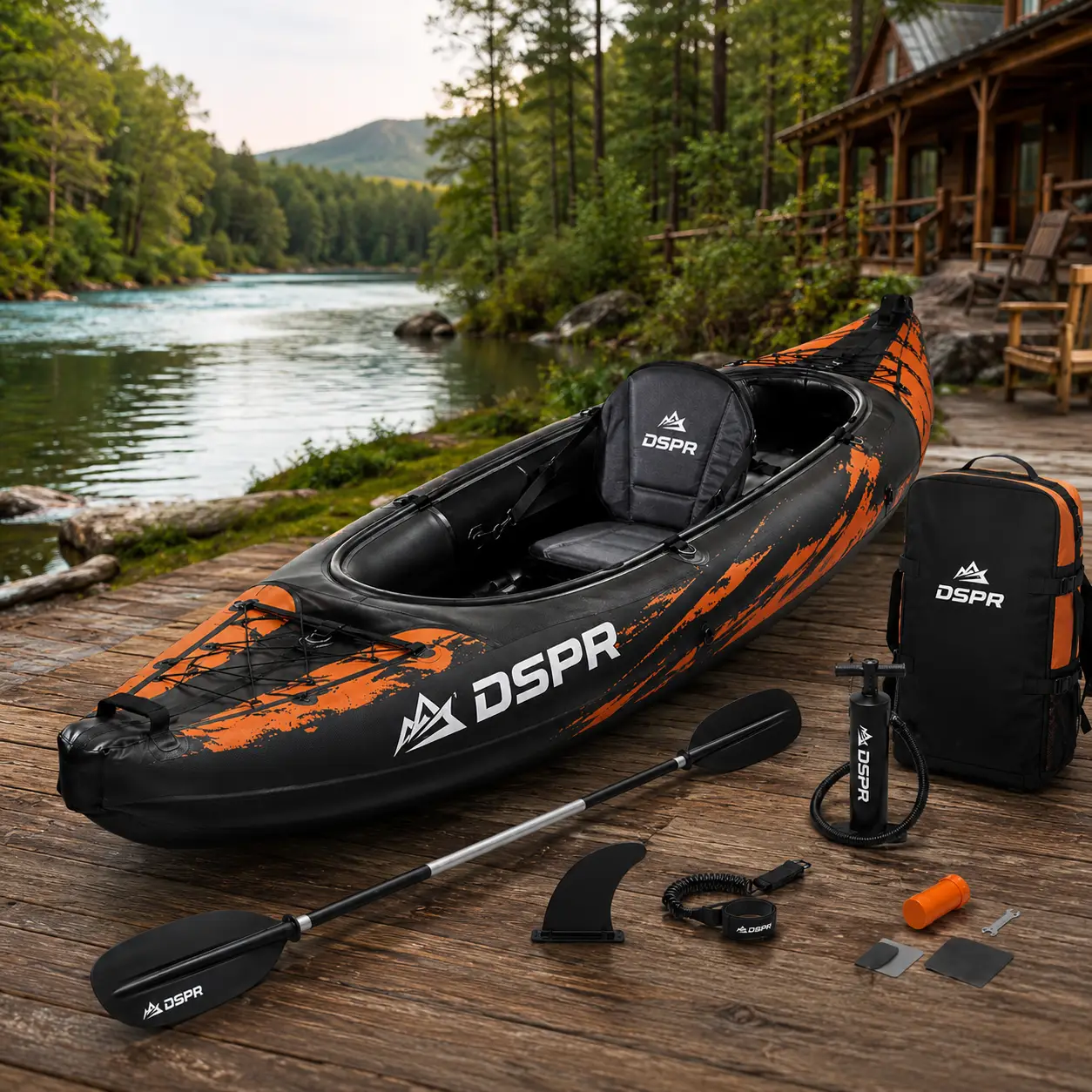 adventure inflatable kayak with DSPR logo, complete paddle accessories and custom OEM color design