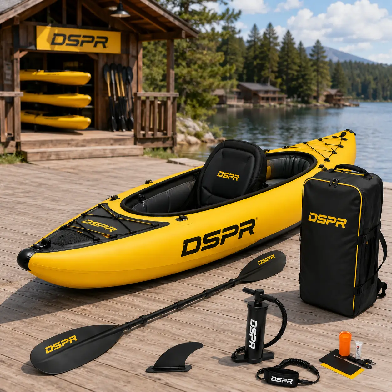 resort rental inflatable kayak with DSPR logo, complete paddle accessories and custom OEM color design