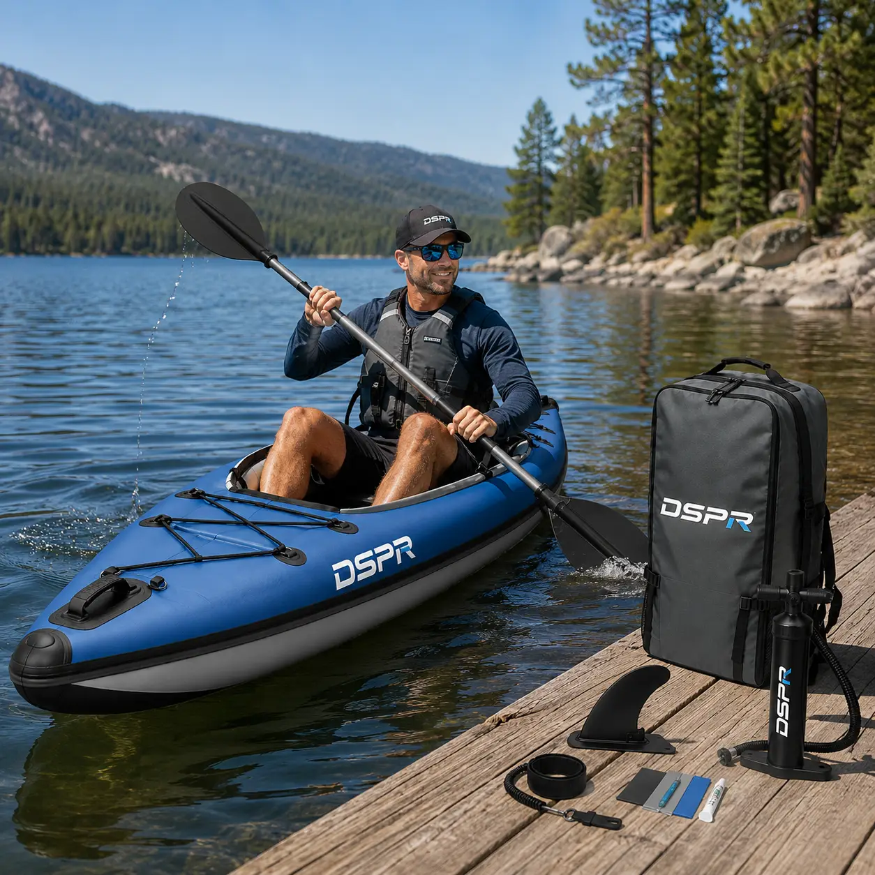 lightweight inflatable kayak with DSPR logo, complete paddle accessories and custom OEM color design