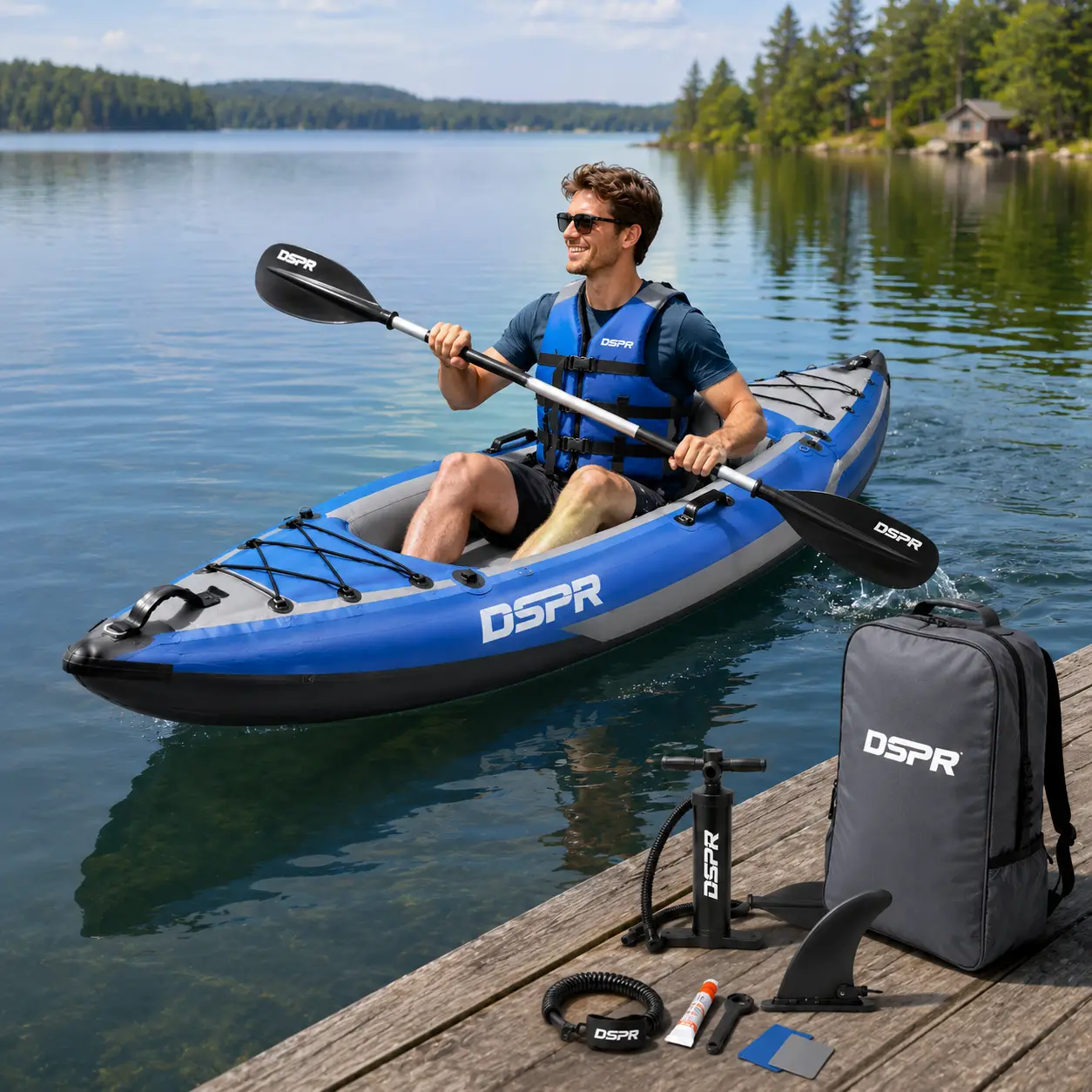 recreational inflatable kayak with DSPR logo, complete paddle accessories and custom OEM color design