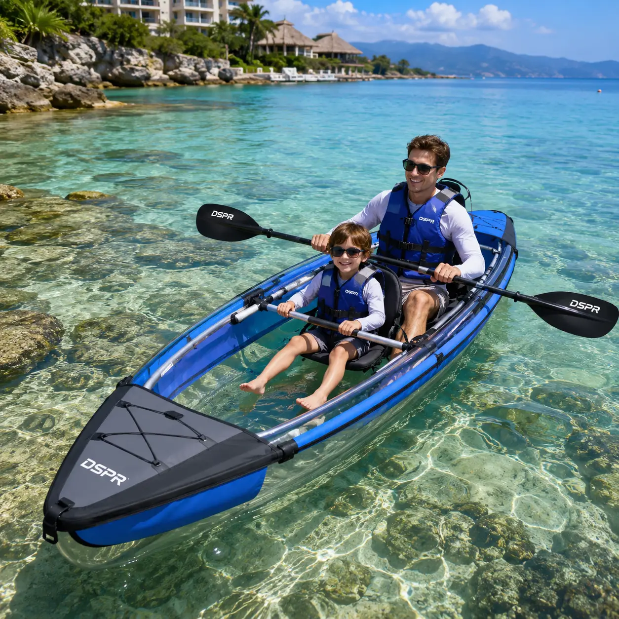 family clear window inflatable kayak with DSPR logo, complete paddle accessories and custom OEM color design