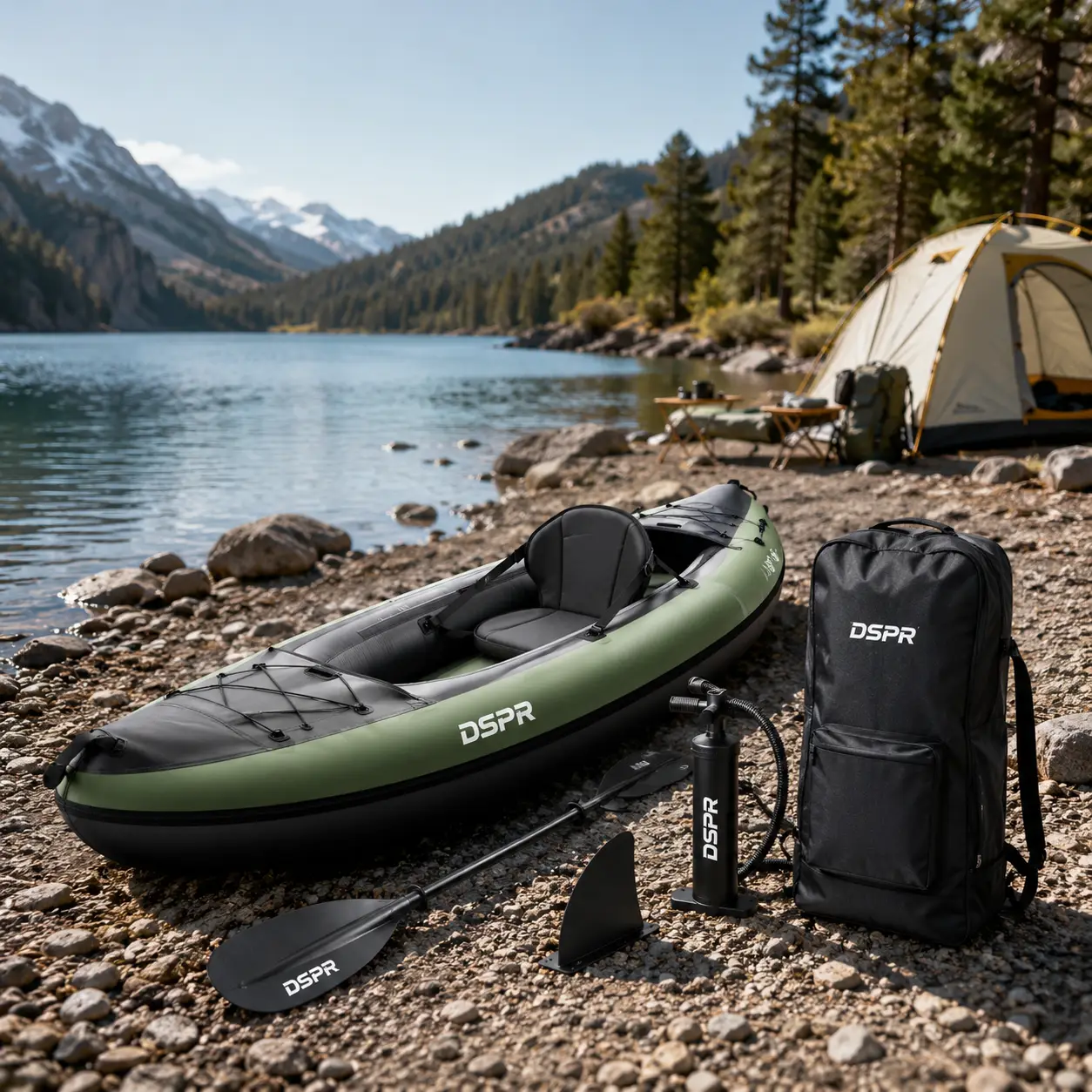 compact travel inflatable kayak with DSPR logo, complete paddle accessories and custom OEM color design