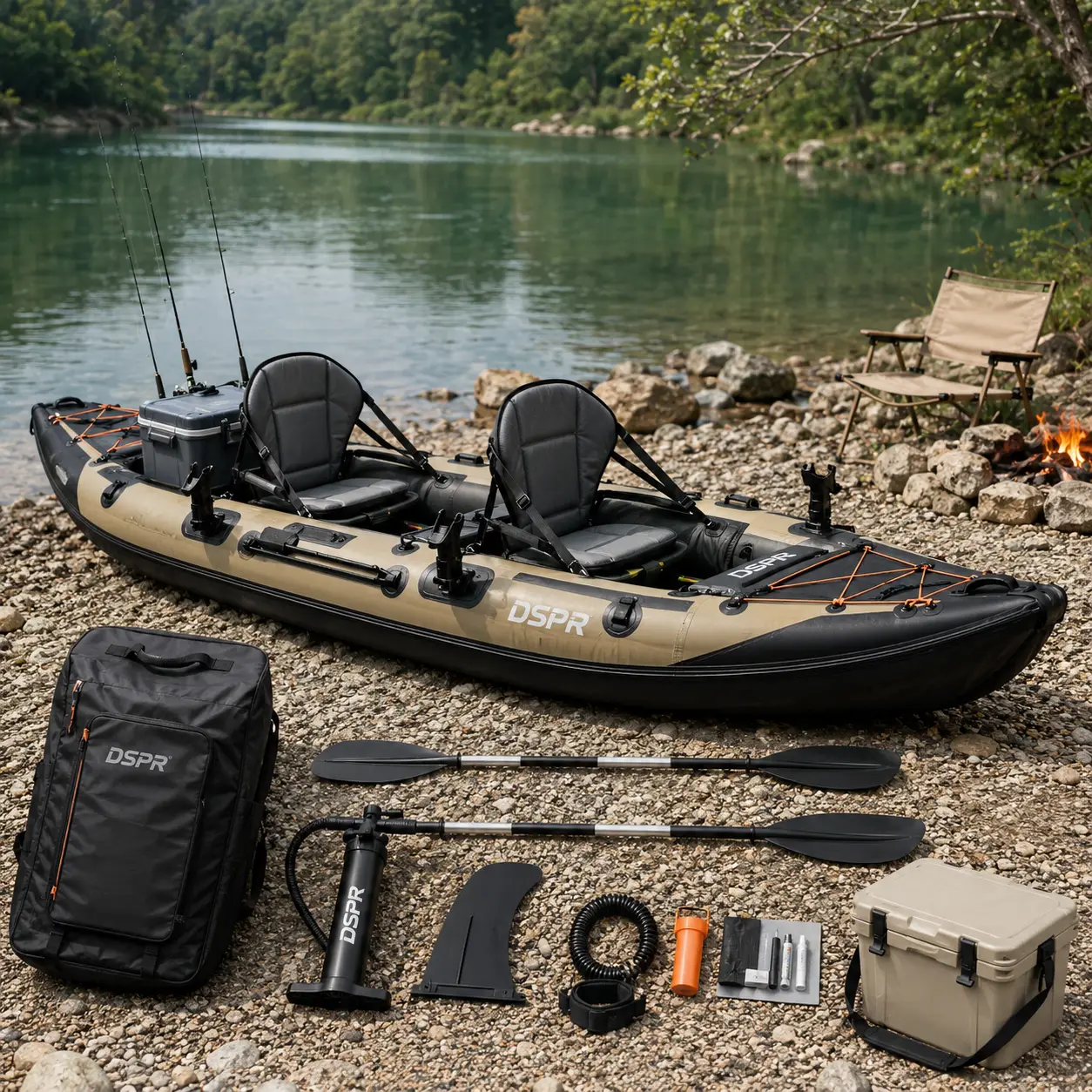 tandem fishing inflatable kayak with DSPR logo, complete paddle accessories and custom OEM color design