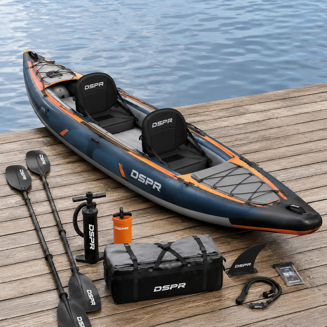 expedition inflatable kayak with DSPR logo, complete paddle accessories and custom OEM color design