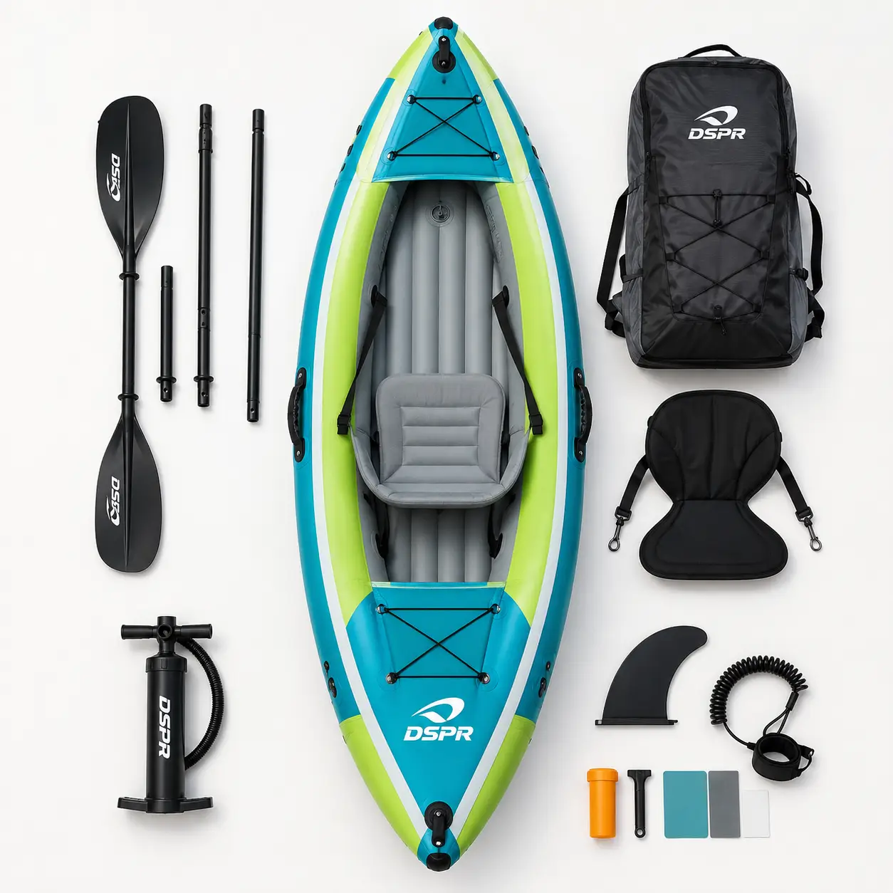 youth friendly inflatable kayak with DSPR logo, complete paddle accessories and custom OEM color design