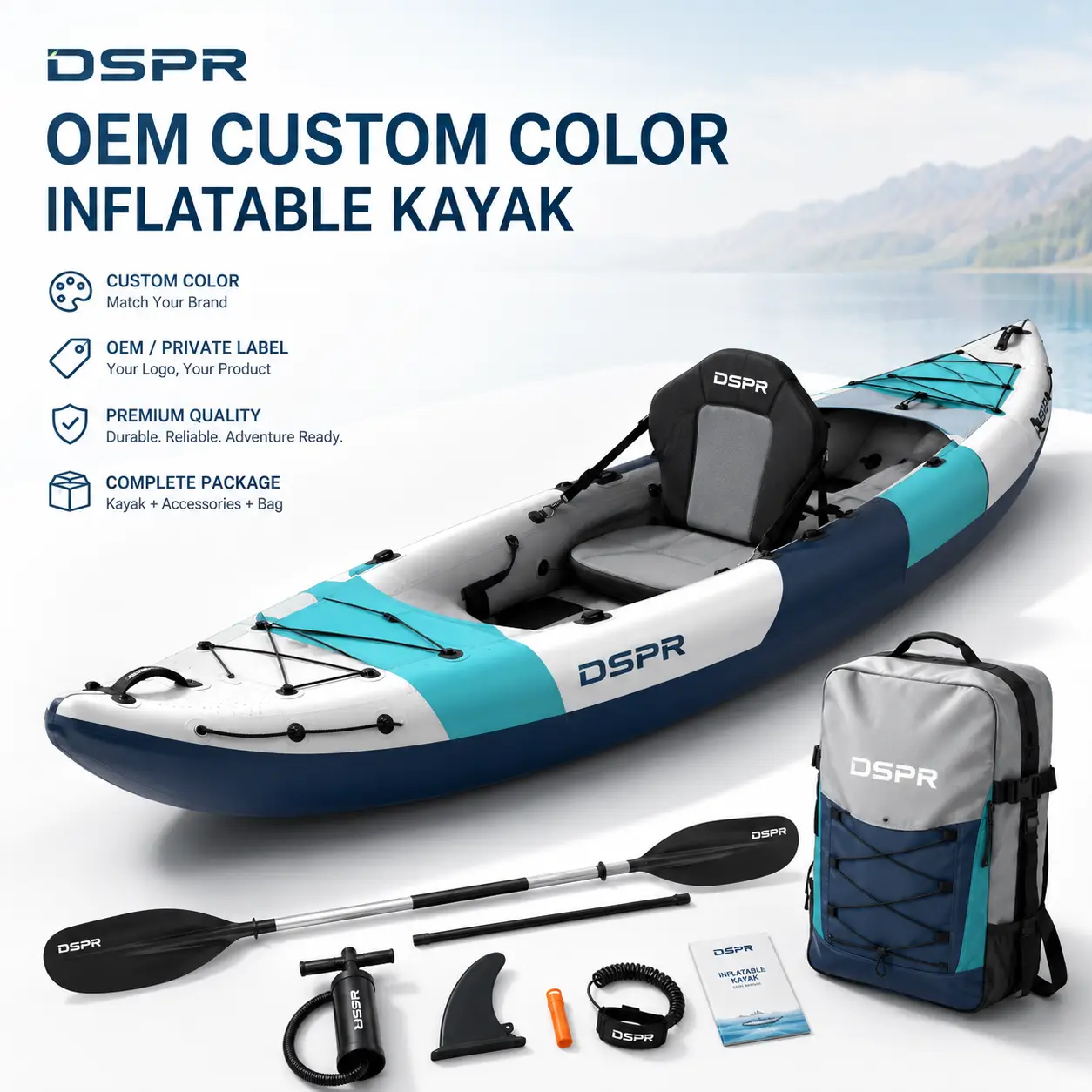 custom color inflatable kayak with DSPR logo, complete paddle accessories and custom OEM color design