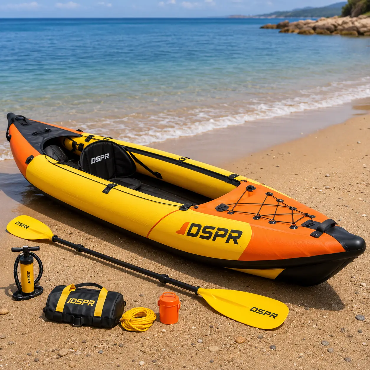 high visibility inflatable kayak with DSPR logo, complete paddle accessories and custom OEM color design