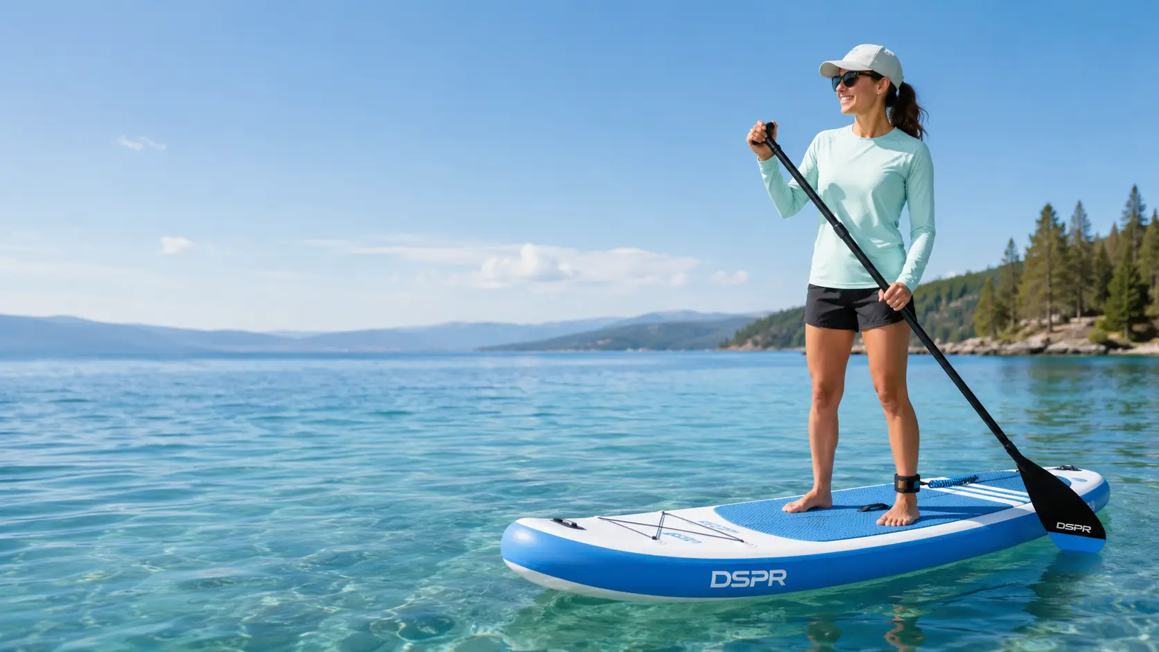DSPR inflatable paddle board for beginners on clear blue water