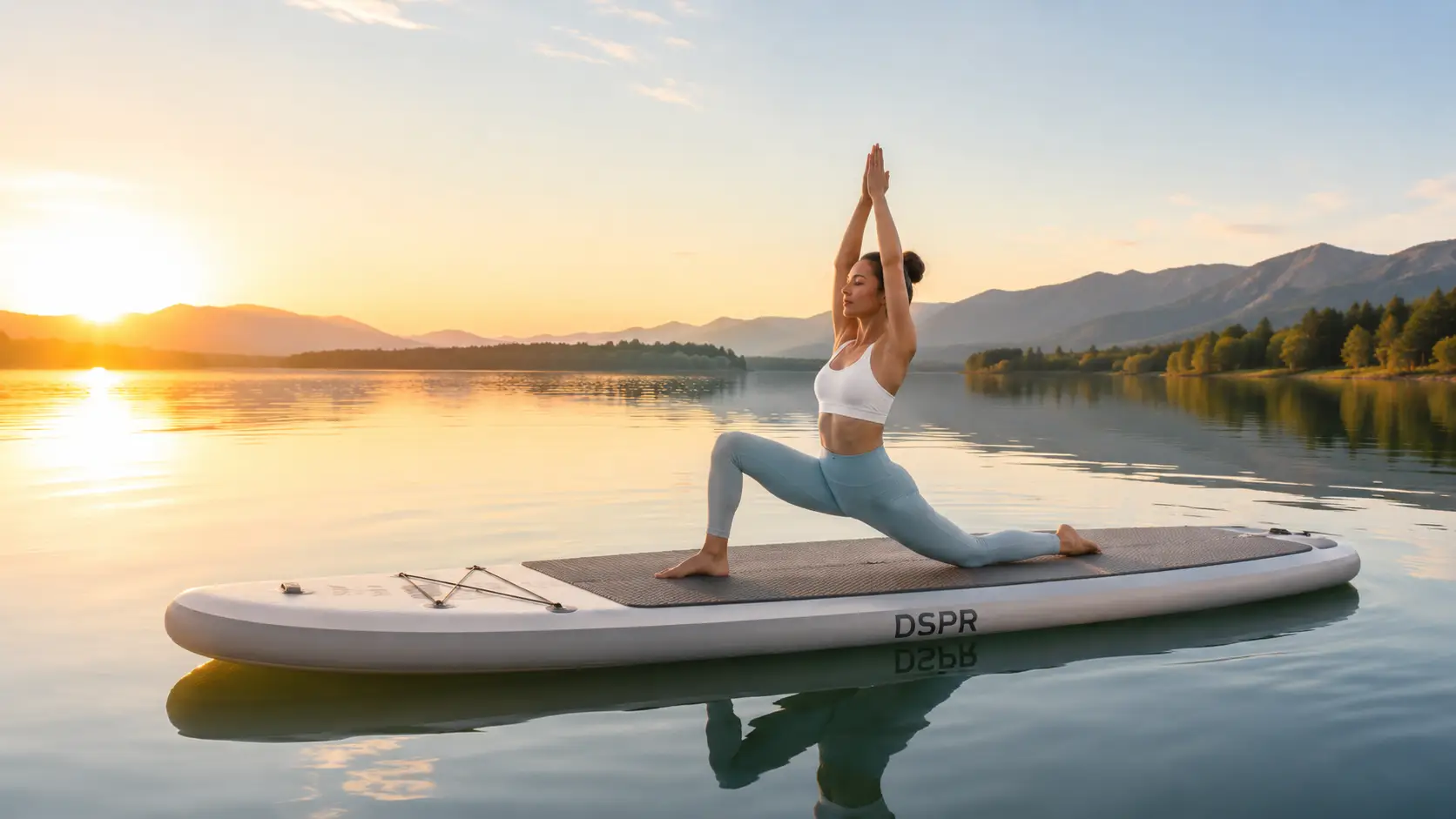 DSPR paddle board yoga inflatable SUP with full EVA deck pad on calm lake water