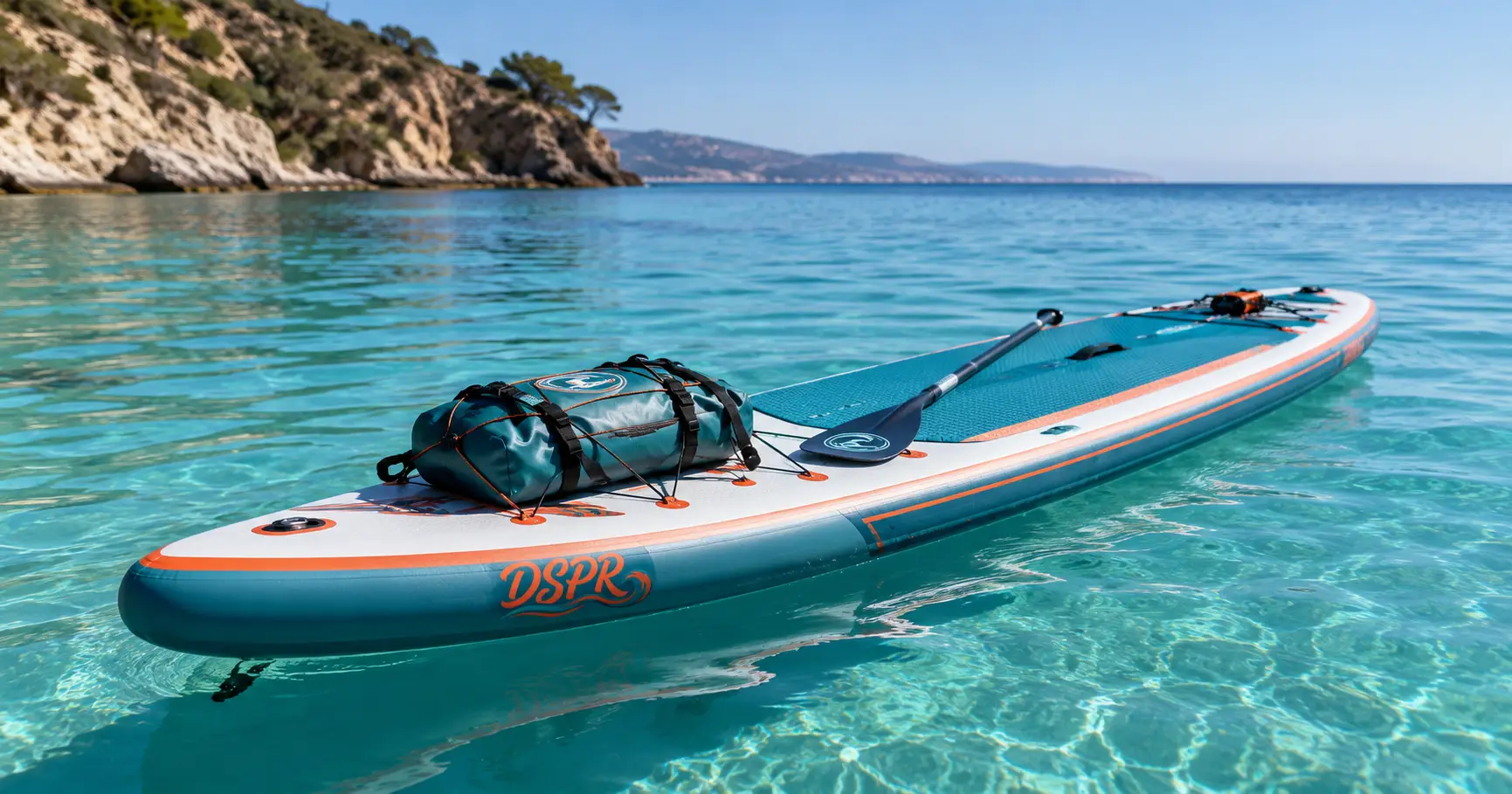 DSPR inflatable paddle board for touring on clear blue water with dry bag, paddle, and front cargo bungee