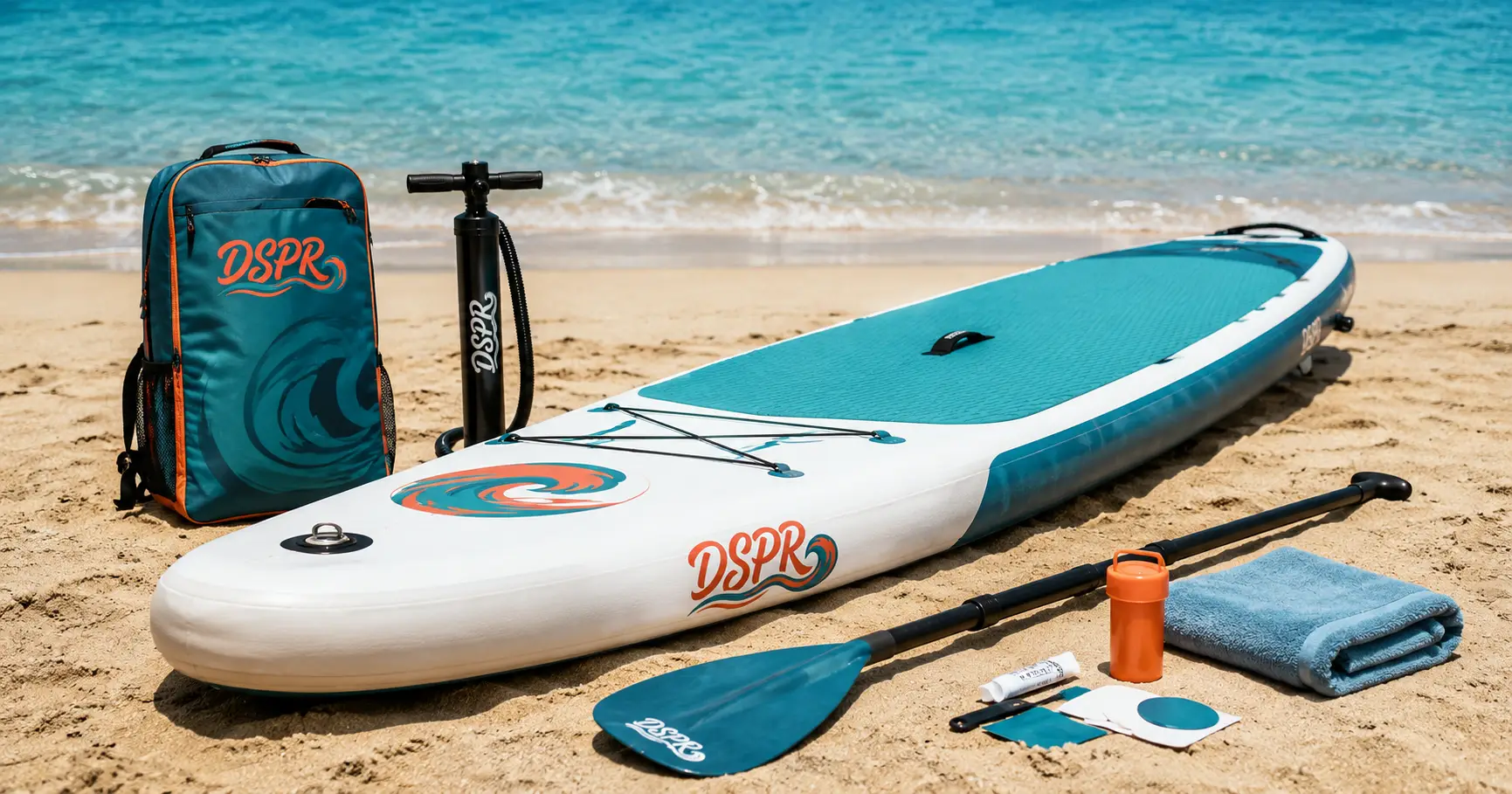 DSPR inflatable SUP board being cleaned on a beach after paddling with paddle, pump, backpack, and repair kit nearby