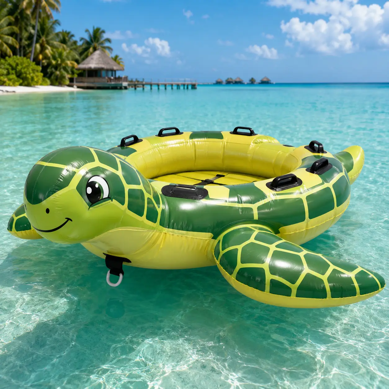 reinforced handles and white PVC body floating on tropical blue water