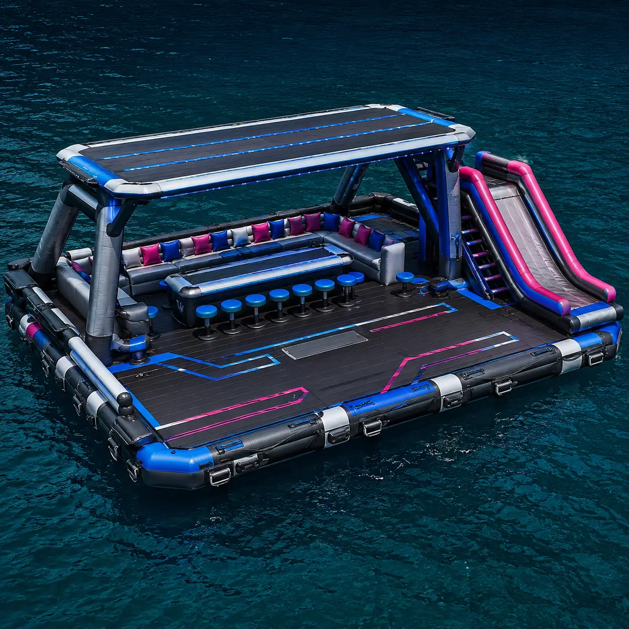 Custom double deck inflatable floating party platform with slide