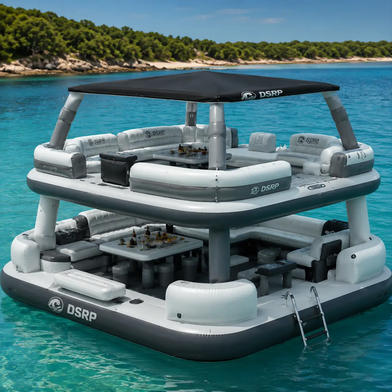 Two story inflatable floating lounge platform with bar