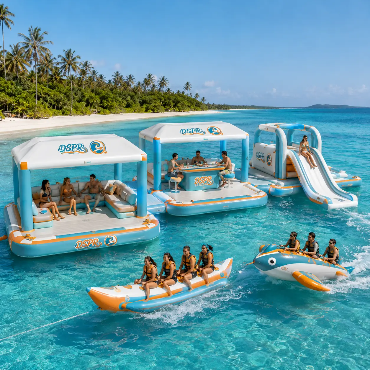 Custom modular inflatable floating water park with banana boat and towable fish