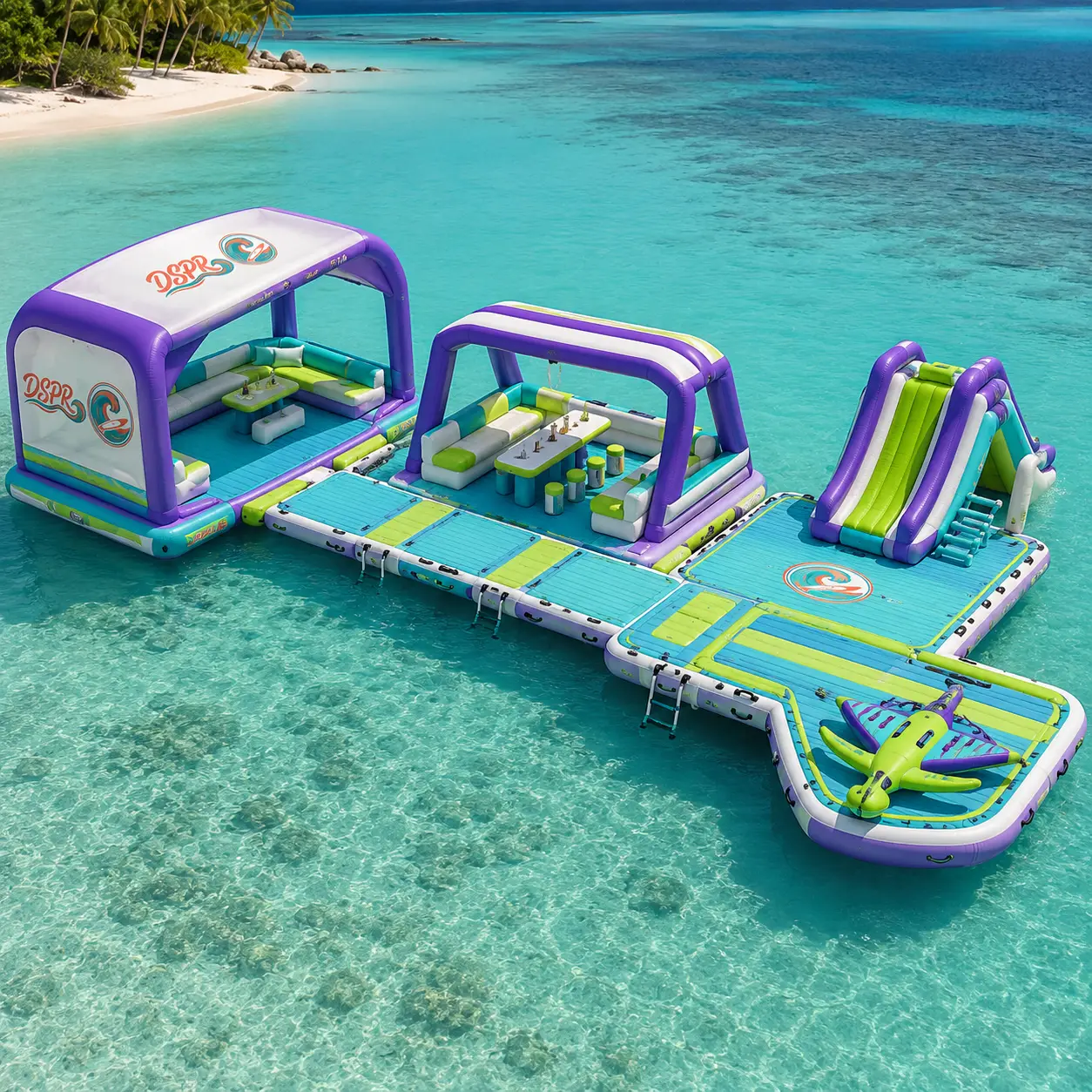 Custom modular inflatable floating water park platform with slide