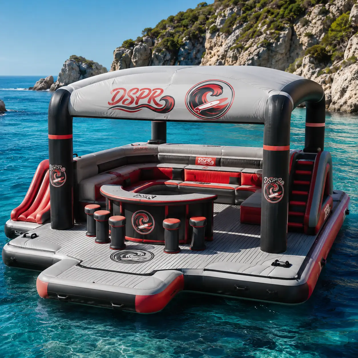 Custom inflatable floating bar platform with slide and canopy