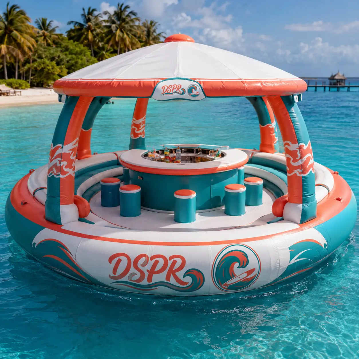 Custom inflatable floating bar island with canopy