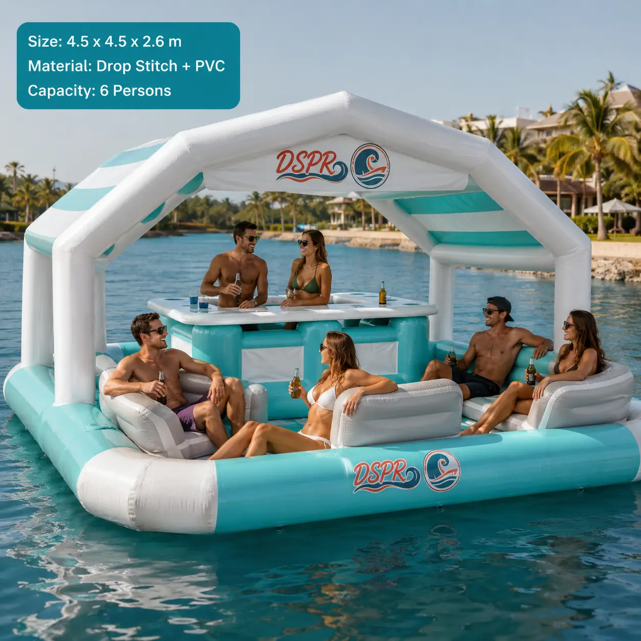 Inflatable floating bar island with sofa seating Custom resort water platform with canopy and lounge area