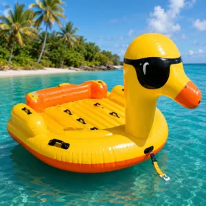 Yellow inflatable duck towable lounge float with raised duck head