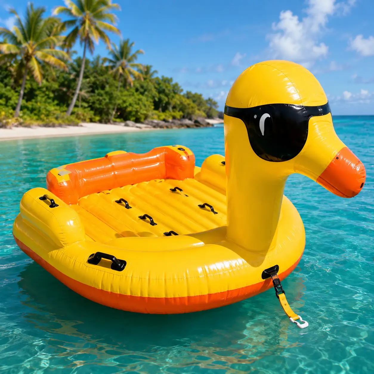 Yellow inflatable duck towable lounge float with raised duck head