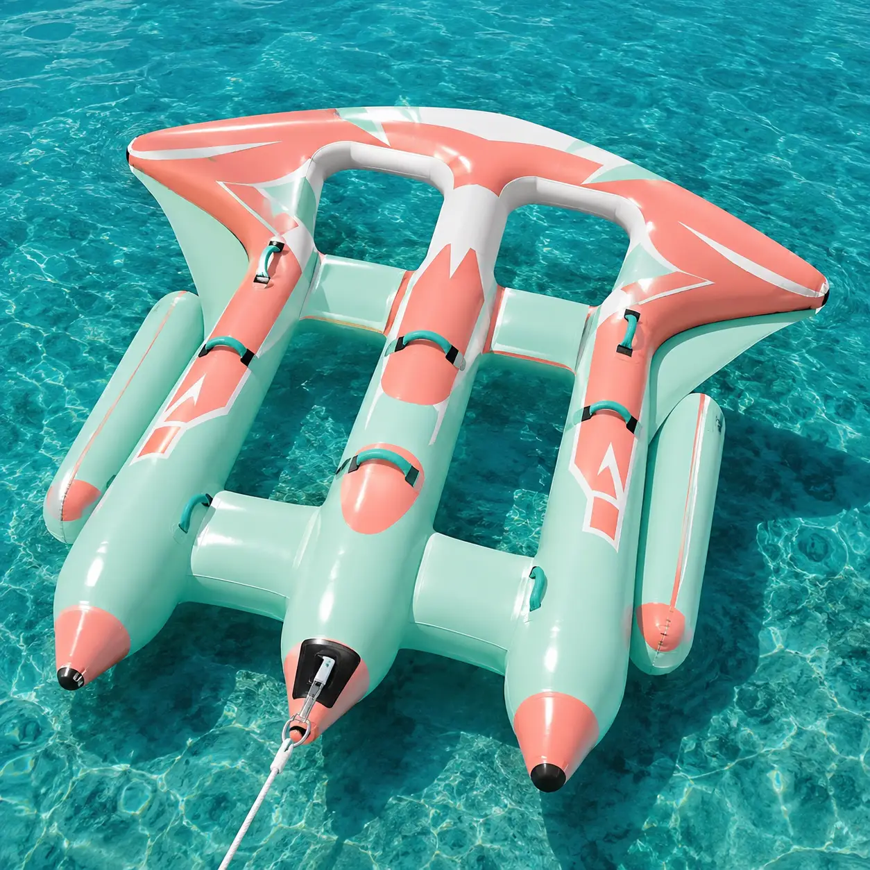 Pastel mint and coral inflatable flying fish towable tube with three rider tubes, wide wing shape and tow point on tropical water