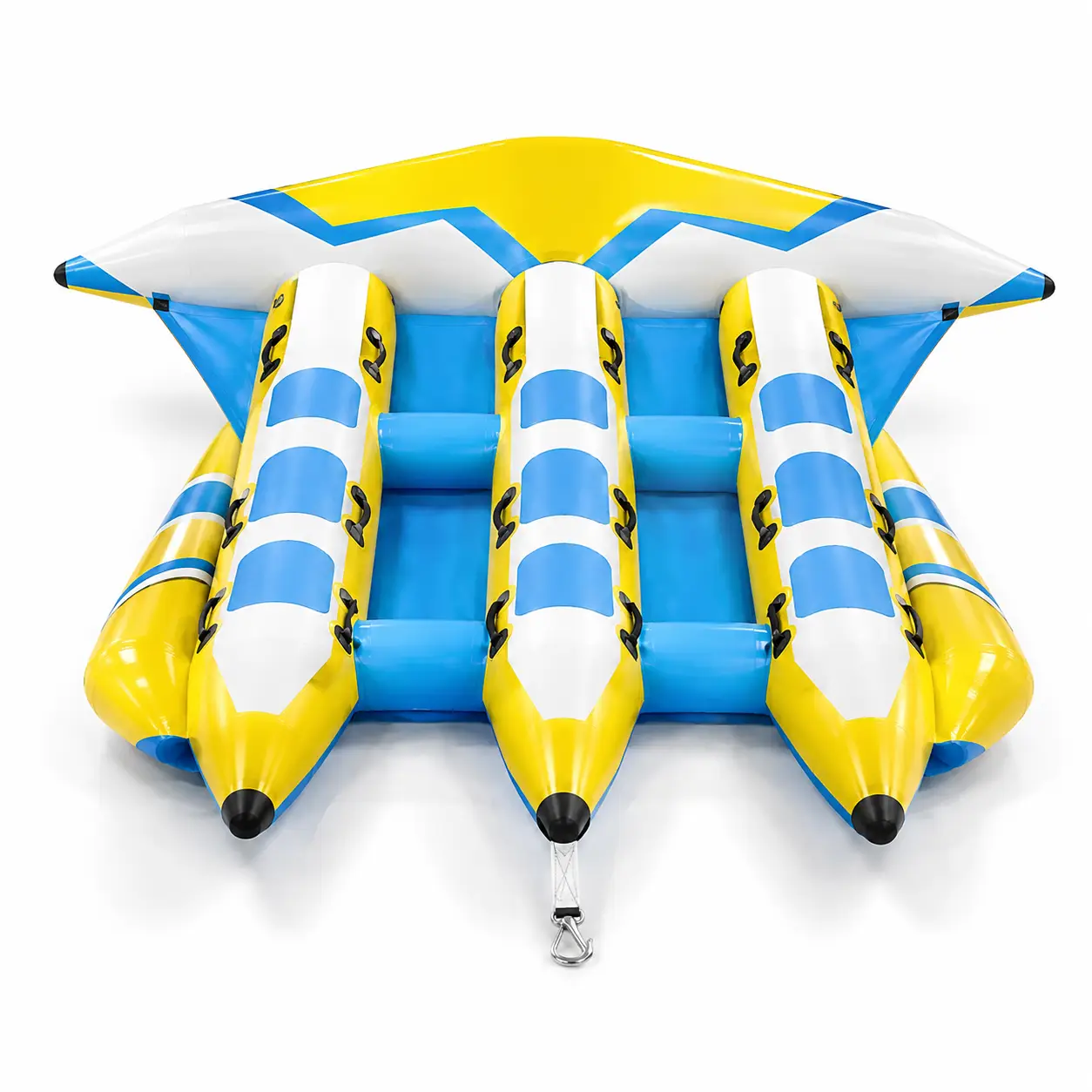 Heavy duty yellow and blue three rider inflatable flying fish towable with white wing panel and reinforced handle positions on studio background