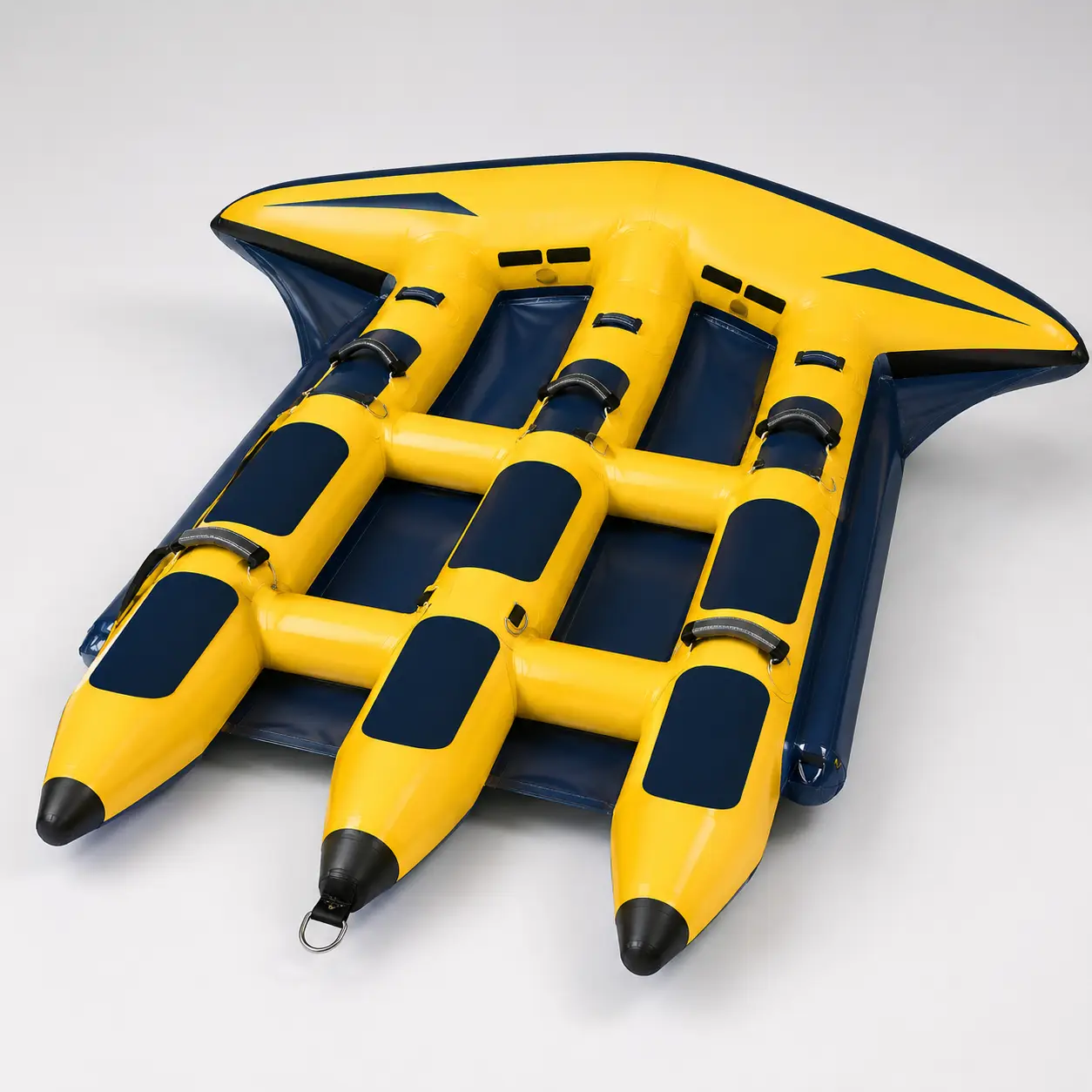 Commercial yellow and navy inflatable flying fish towable tube with three rider sections, wide wing design and black nose caps