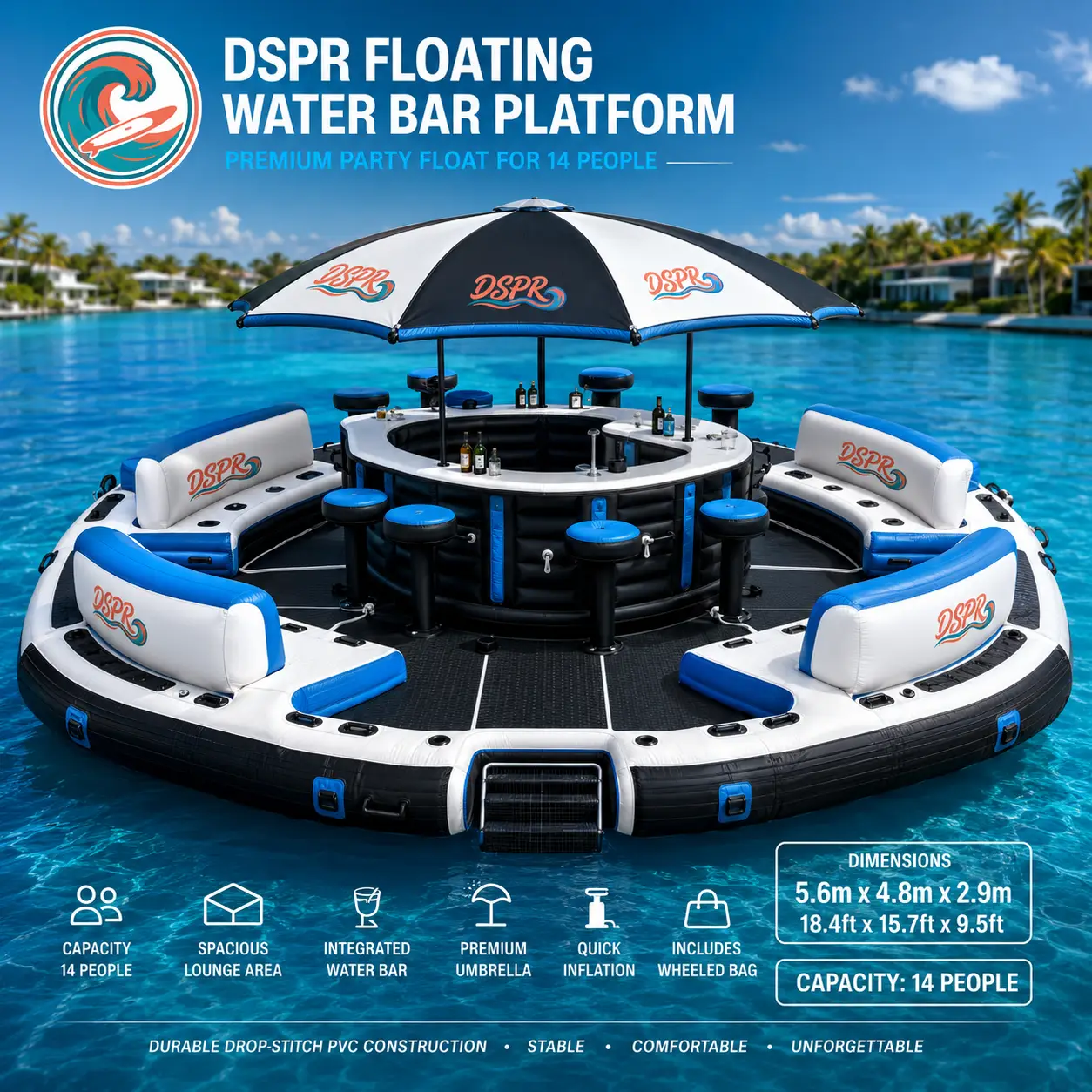 Custom inflatable floating water bar platform for 14 people