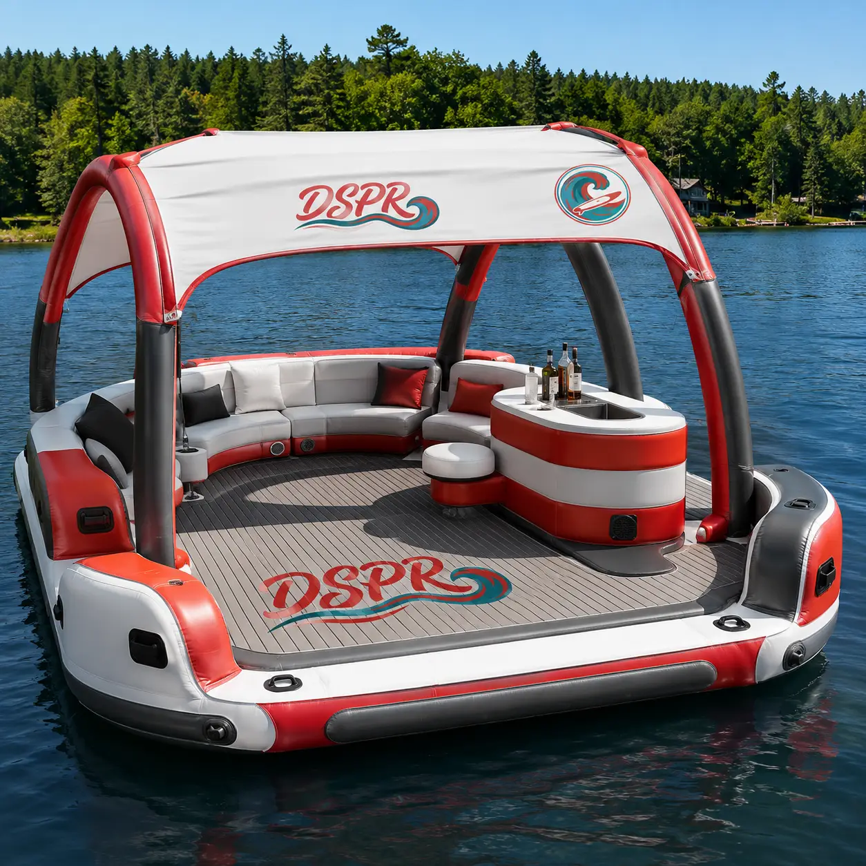 Custom inflatable floating bar lounge platform with canopy