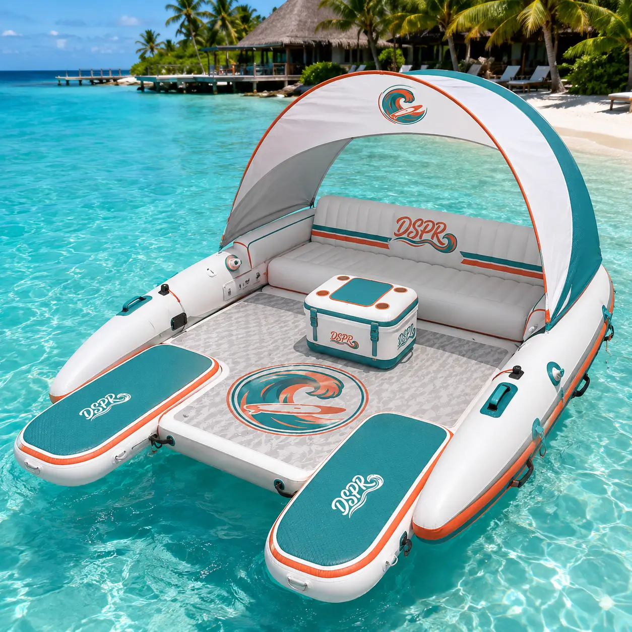 Custom inflatable floating sofa platform with canopy