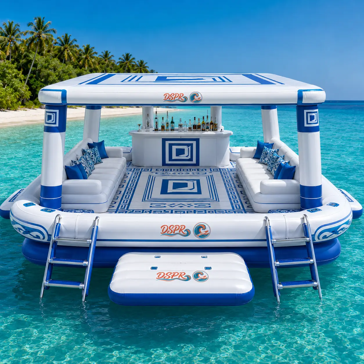 Custom inflatable floating bar platform with roof